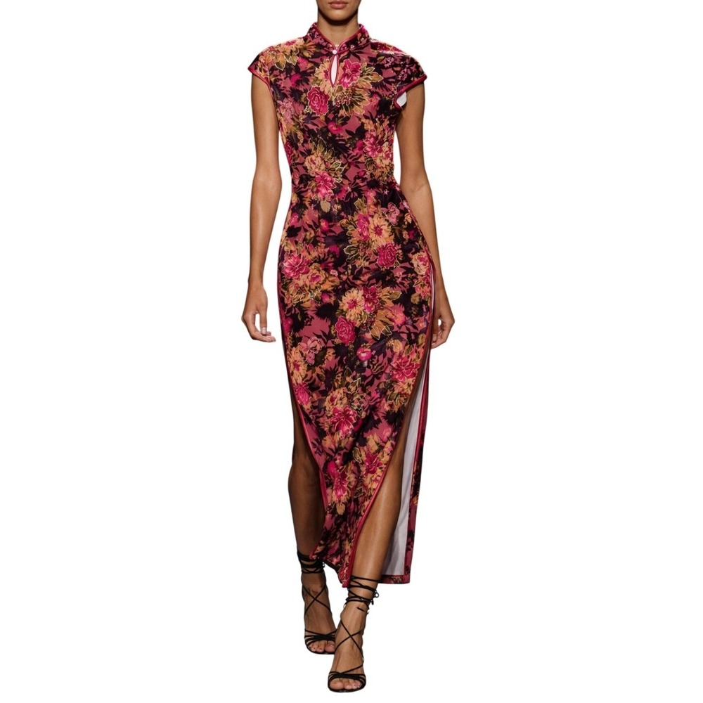 Vintage 1950s Jacquard Burnout  Velvet Burgundy Mandarin Collar Midi Dress